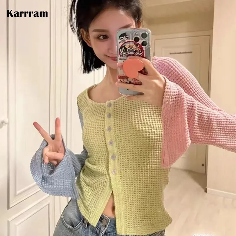 Karrram Korean Fashion Patchwork Cardigans Hollow Out Lazy Style Full Sleeve Knit Sweater Y2k Aesthetics Chic Designer Clothes