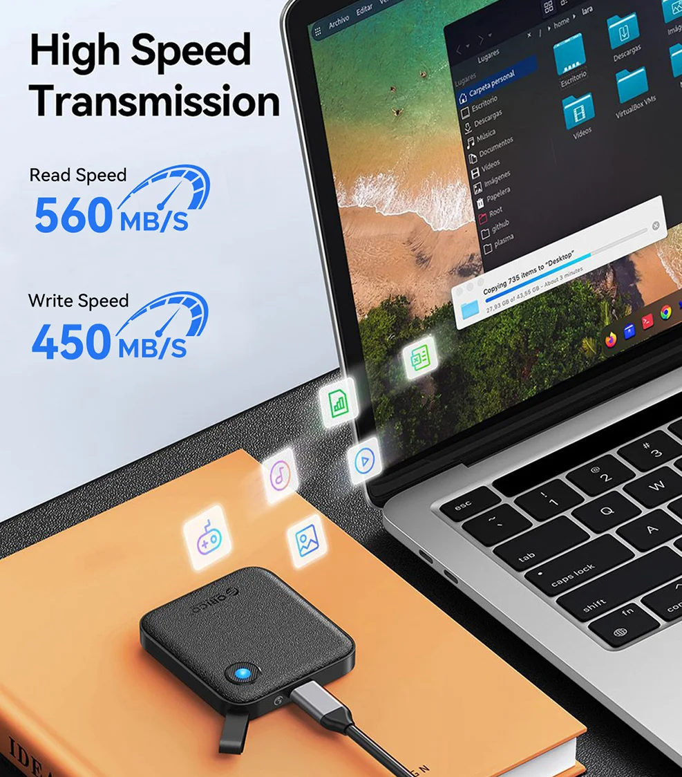ORICO Portable SSD 5Gbps 512GB, External Solid State Drive USB 3.2 Gen2 Type-C PSSD for iPhone 15/PC/Laptop