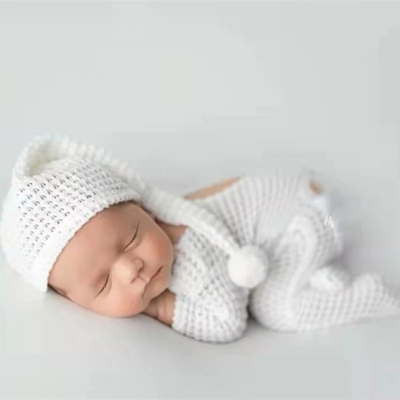 2Pcs Newborn Photography Props SetCrochet Outfit Baby Romper Hat  Infants Photo Shooting Long Tail Jumpsuit Bodysuit