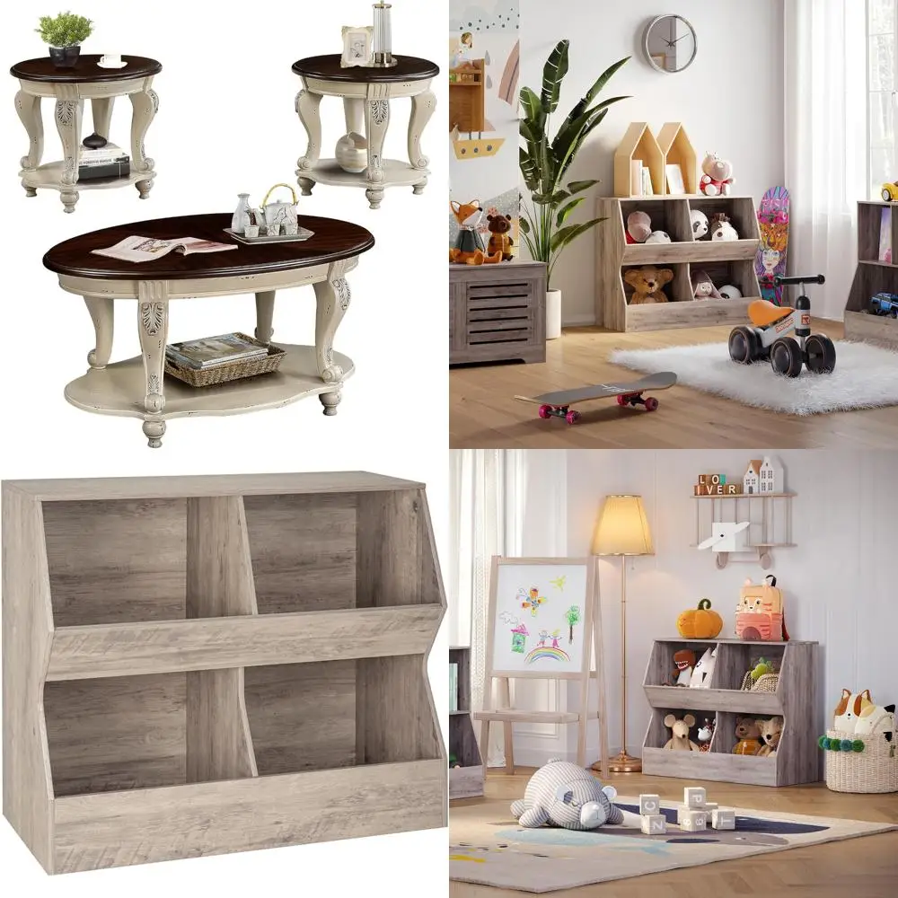 Vintage 3-Piece Oval Coffee Table Set in Beige and Espresso, Carved Wooden Legs for Antique-Style Living Room