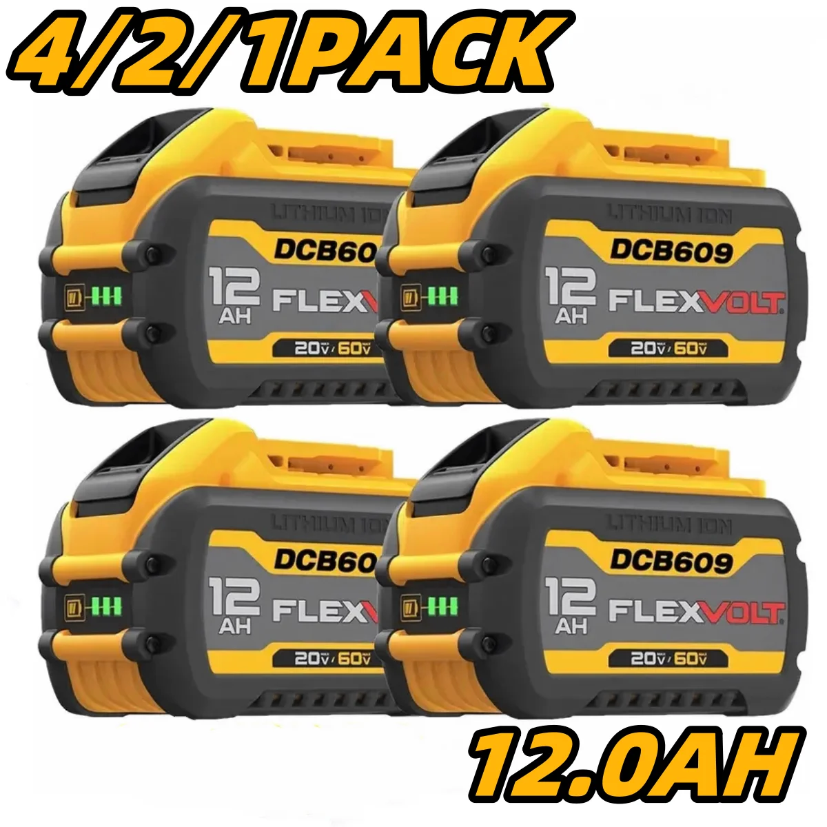 1/2/4PACK 12.0Ah Batteries For DEWALT FLEXVOLT 20V 60V MAX Lithium Ion Battery DCB609 DCB606 DCB612 Fit Compatible With Dewalt