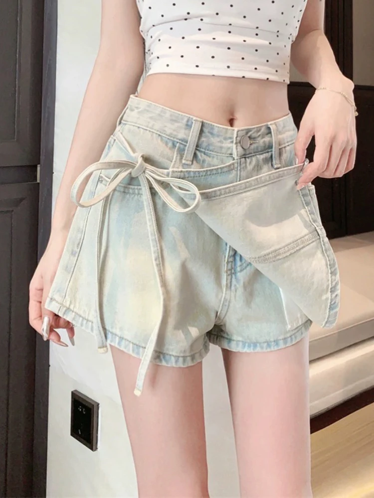 

Vintage Chicly Washed Distressed Casual Female Denim Shorts Summer High Waist Sweet Bow Lace-up Fake Two Piece Shorts for Women