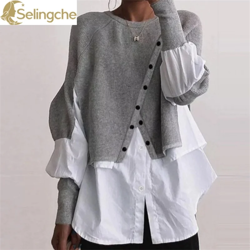 Autumn New Creative Knitted Sweater Spliced Shirt Elegant Women\'s Warm Pullover Round Neck Top Coat