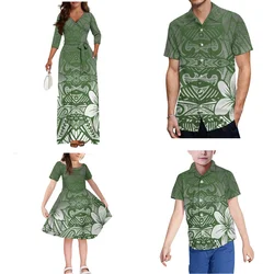 Hibiscus Flower Frangeria Polynesian Tribal Family Set Women Girls Dress Men Boys Shirt New V-neck elegant belt long dress