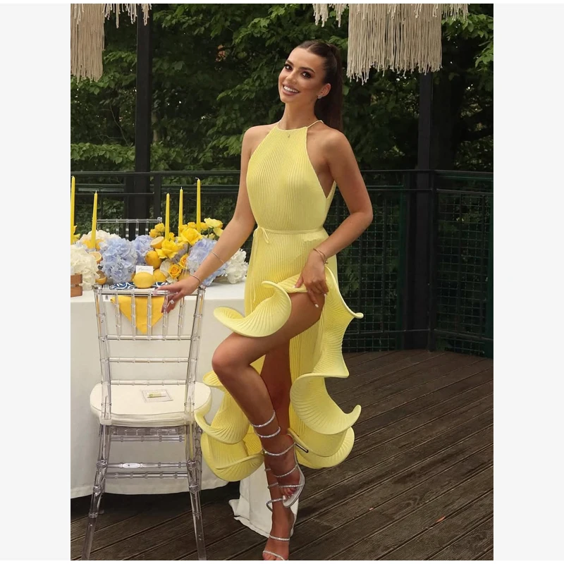 

Elegant Solid Halter Maxi Women Dress Chic Ribbed Knit Ruffled High-slit Slim-fit Dress 2026 Lady Trendy Fashion Party Chic Gown