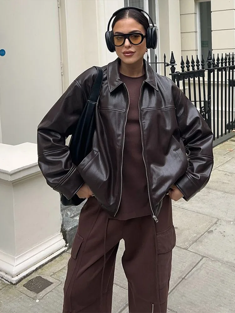 Vintage เสื้อแจ็คเก็ตหนังเสื้อแขนยาว Laple Zipper ผู้หญิงกระเป๋าเสื้อแจ็คเก็ตหญิงฤดูใบไม้ผลิแฟชั่นใหม่ Lady Streetwears