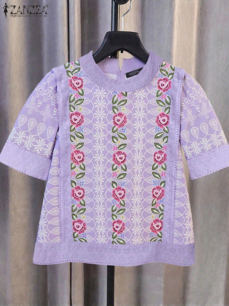 

O Neck Printed Blouse Women Vintage Short Sleeve Tops Fashion Summer Pullover Oversized O Neck Casual Loose Blusas 2025 ZANZEA