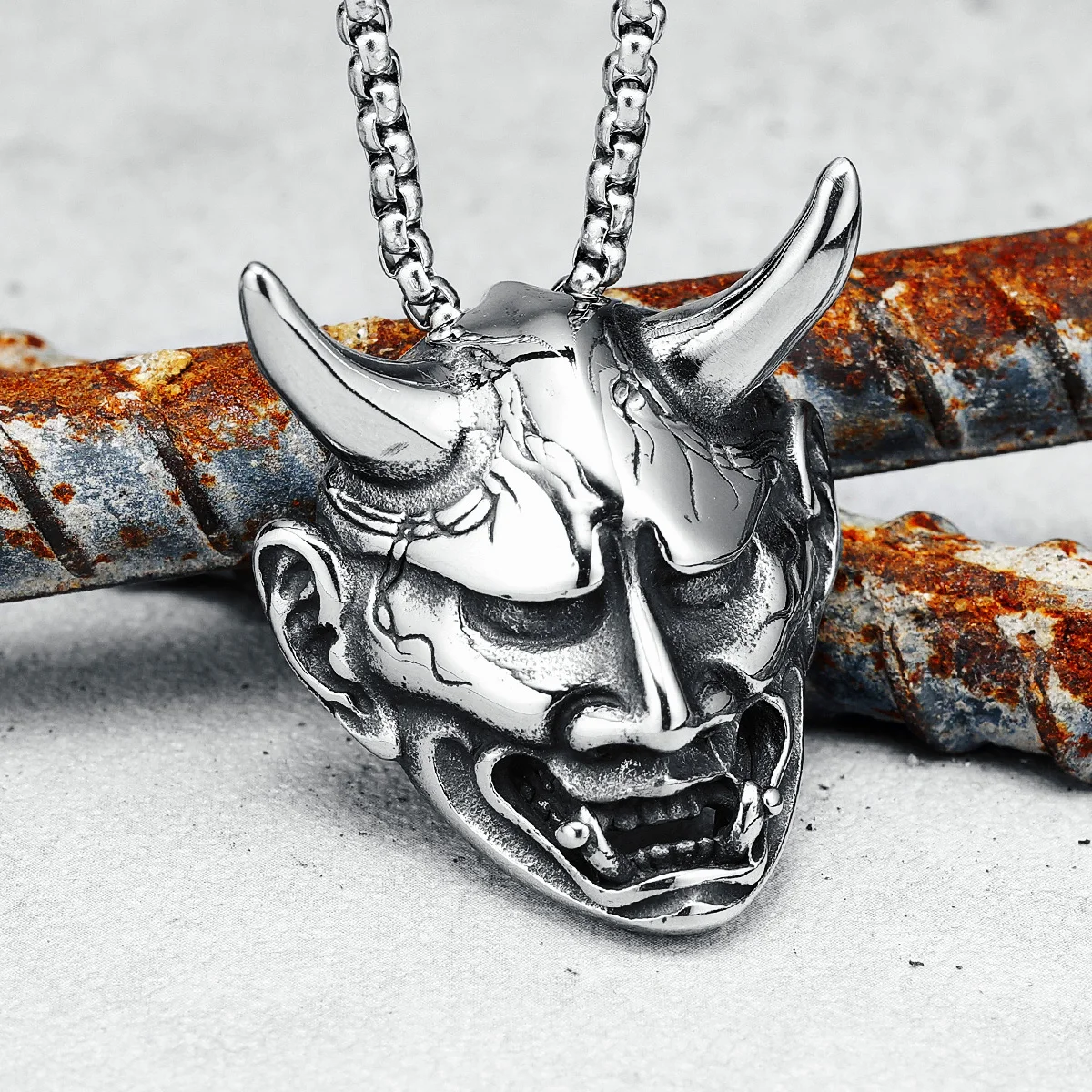 Japanese Hannya Mask Pendant Stainless Steel Men Necklace Retro Prajna Chain Rock Punk for Biker Male Gift for Him Daily Wear