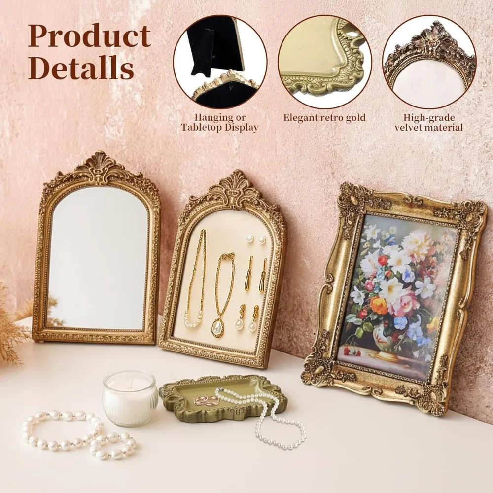 طقم فانيتي عتيق مكون من 4 قطع، مرآة ذهبية عتيقة، إطار راتينج قديم، منظم مجوهرات لديكور غرفة النوم