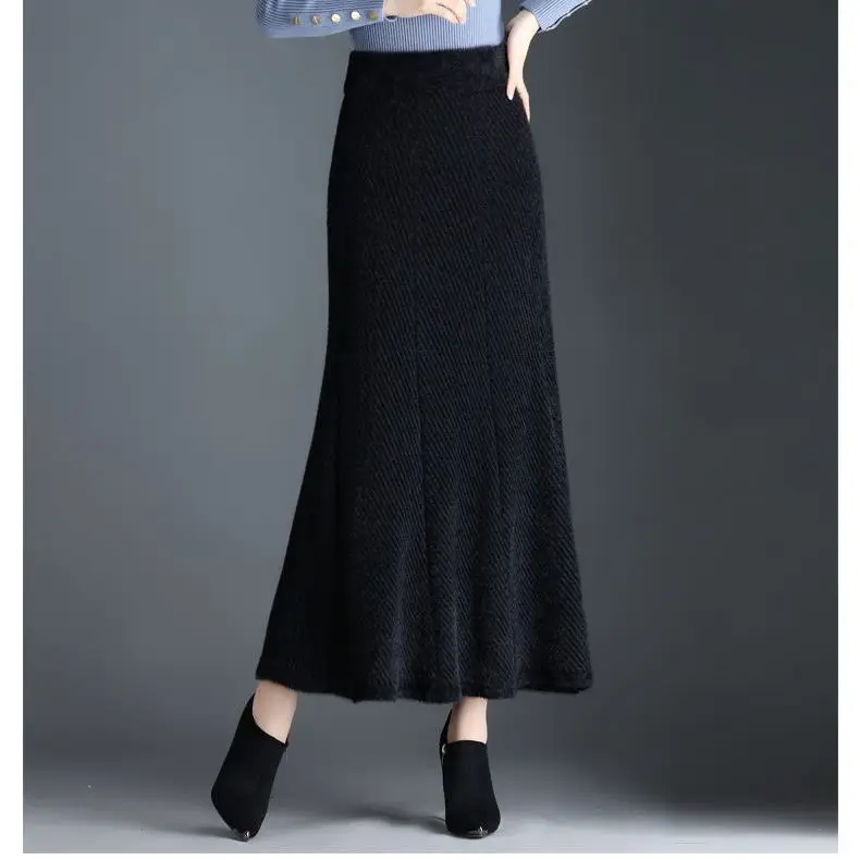 

2024 New Fashion Autumn Winter Knitted Bright Line Decoration Skirt Women Korean Style Solid High Waist Elastic Female T87