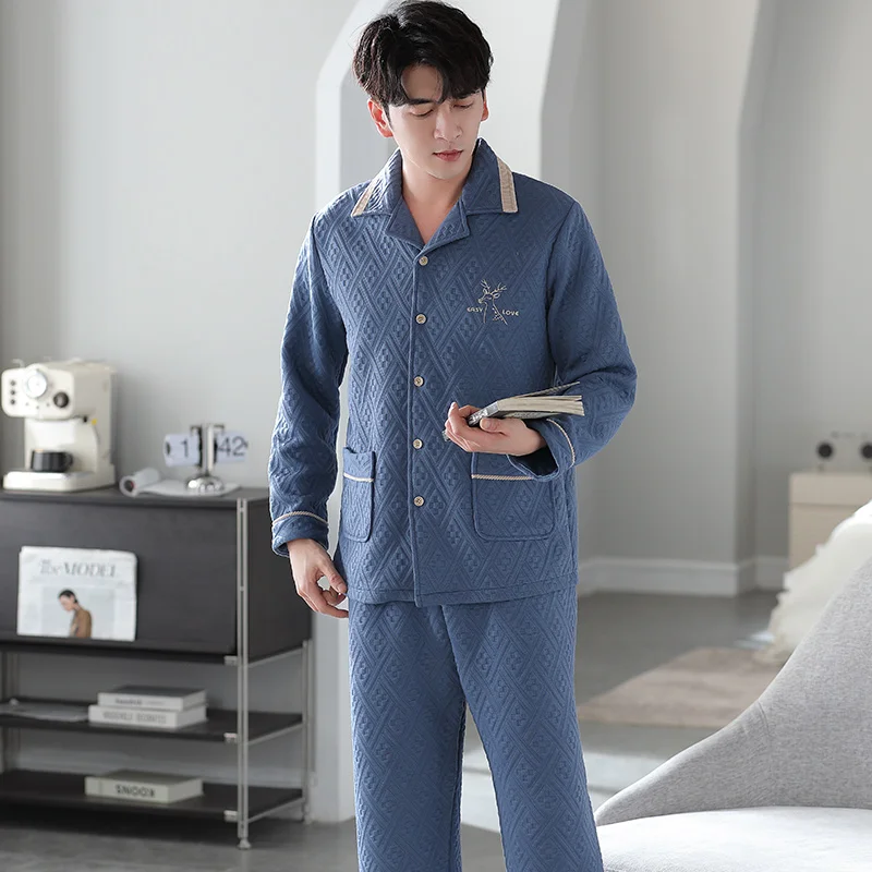 Animal pajamas men autumn winter thick long-sleeved laminated air cotton home service male warm jacquard weave thin quilted suit