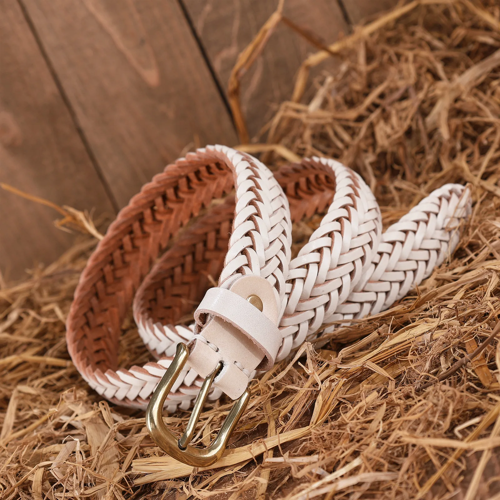 Handmade Braided Leather Belt Men Vintage Pin Buckle Woven Cowhide Waistband No Hole Adjustable Casual Business Dress Jean Strap