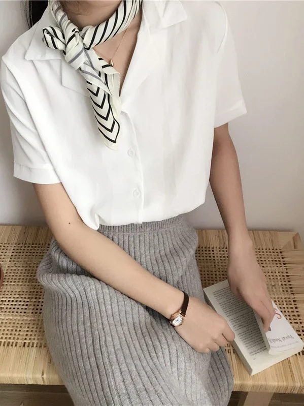 เสื้อผู้หญิงผ้าเนื้อนุ่ม สีพื้น ปกคอพับ สไตล์ลำลอง สตรีทแวร์ ทรงเข้ารูป แฟชั่นฤดูร้อน เสื้อเบลาส์ผู้หญิง