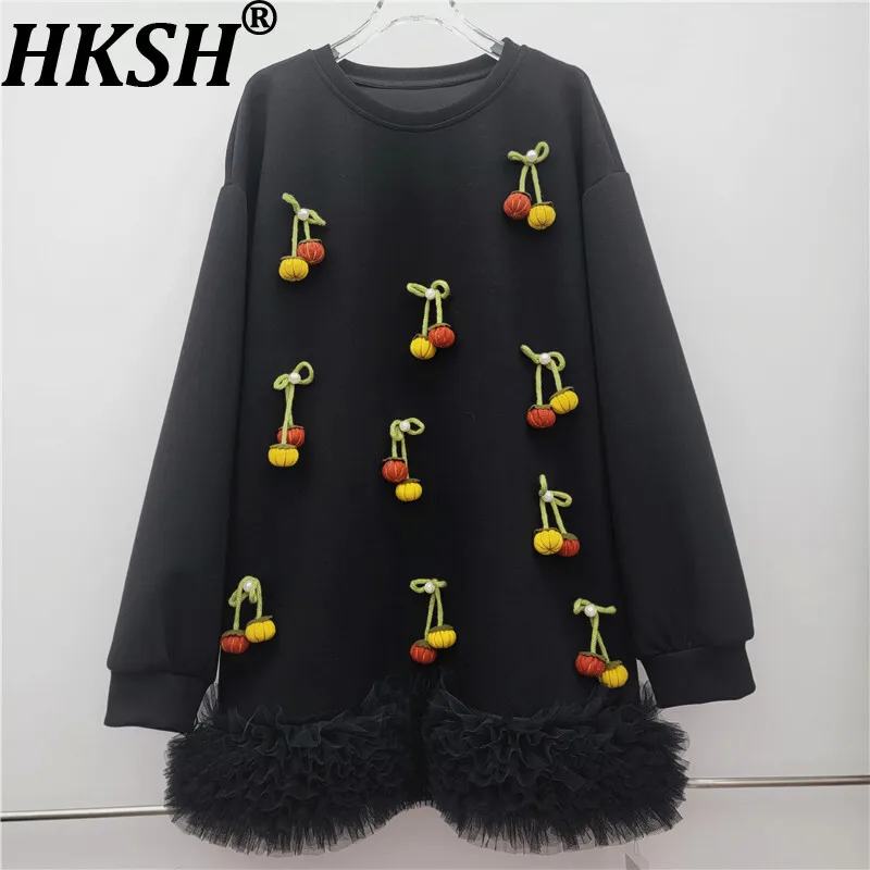 

HKSH осень-зима новая женская толстовка с круглым вырезом и длинным рукавом трехмерная декоративная лоскутная сетка с рюшами милый топ HK15611