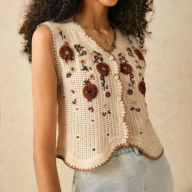3D Floral Appliqué Tanks Crochet Vest Button Front Sleeveless Jacket Open-Knit Waistcoat Summer Cottagecore Modern Boho