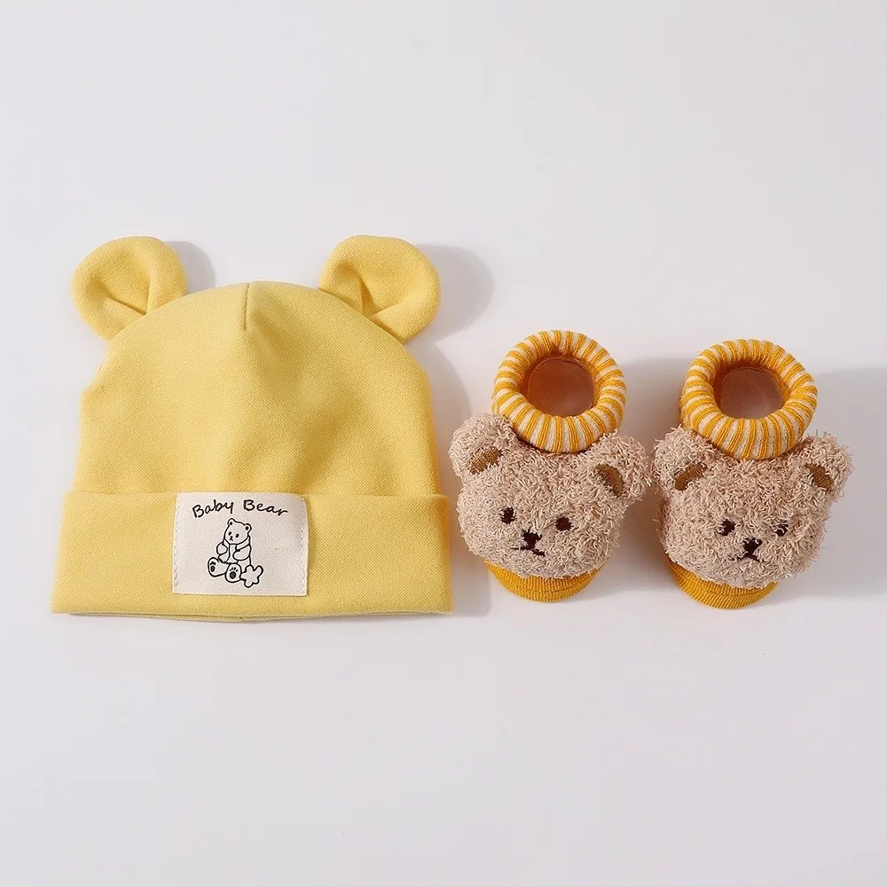 2Pcs/Set Cute Cotton Baby Hat Socks Set Soft Warm Bear Ear Beanie Breathable Cartoon Infant Cap Socks for Newborn view 3