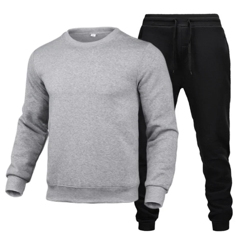 New  Solid Color New high-quality men\'s leisure sports round neck hoodless sweater pullover+outdoor running pants set