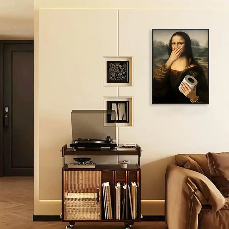 طباعة ملصق قماش الحمام الفكاهة، كلاسيكي ريترو الموناليزا باليد ورق التواليت قماش جدار الفن، لديكور غرف المعيشة #4