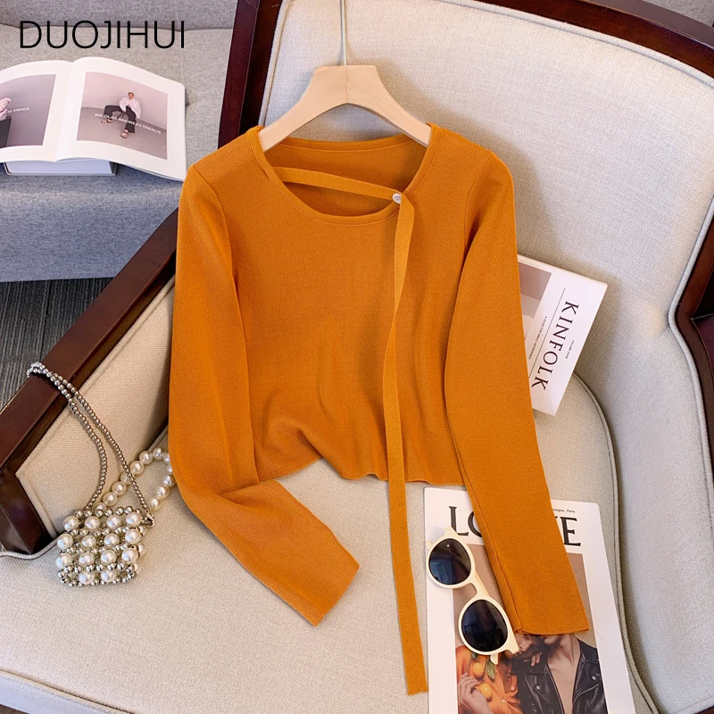 DUOJIHUI Chic Button Soft Warm Knitted Sweater Women Pullovers Autumn New Basic Long Sleeve Solid Color Simple Female Pullovers