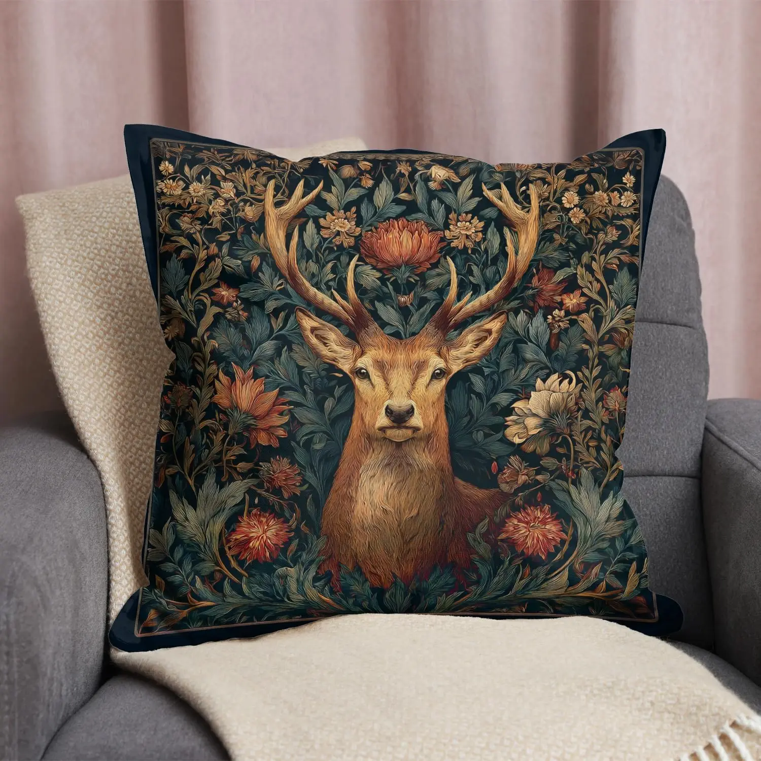Baroque Deer Stag Botanical Floral Print Pillow Cover Cushion Case Woodland Nature Art Home Decor Gift 40x40cm