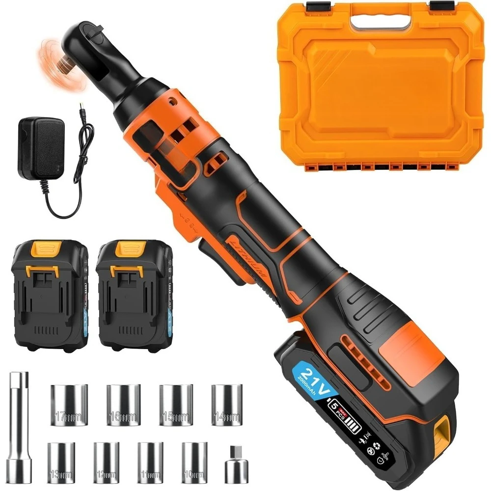 

3/8 Inch Cordless Electric Ratchet Wrench 60FT-LBS 80N.m Torque 21V 400 RPM with 2 Batteries Charger 8 Sockets Adapter