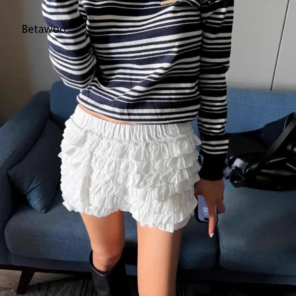 Women Multi Layer Ruffle Flowy Mini Skort Elastic High Waist Short Skirt With Built In Inner Shorts For Street Style Matching