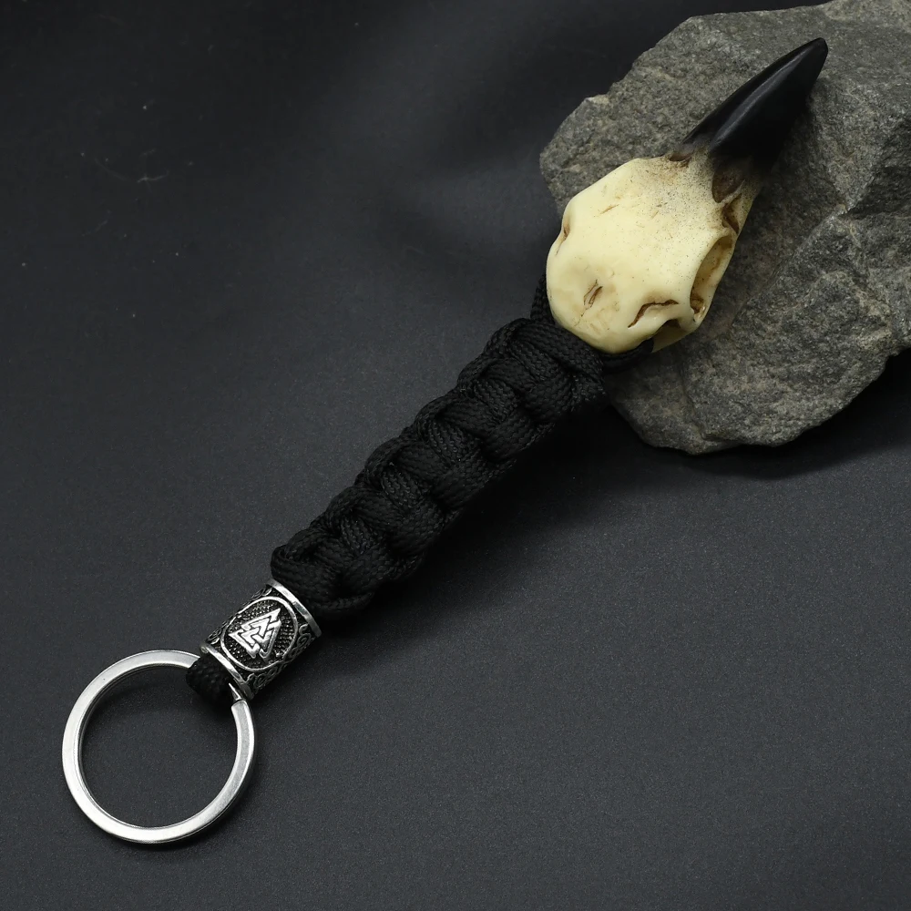 3D Resin Raven Skull Key Chain Mens Nordic Crow Skeleton Runes Bead Survival Paracord Keyholder Accessories Jewelry