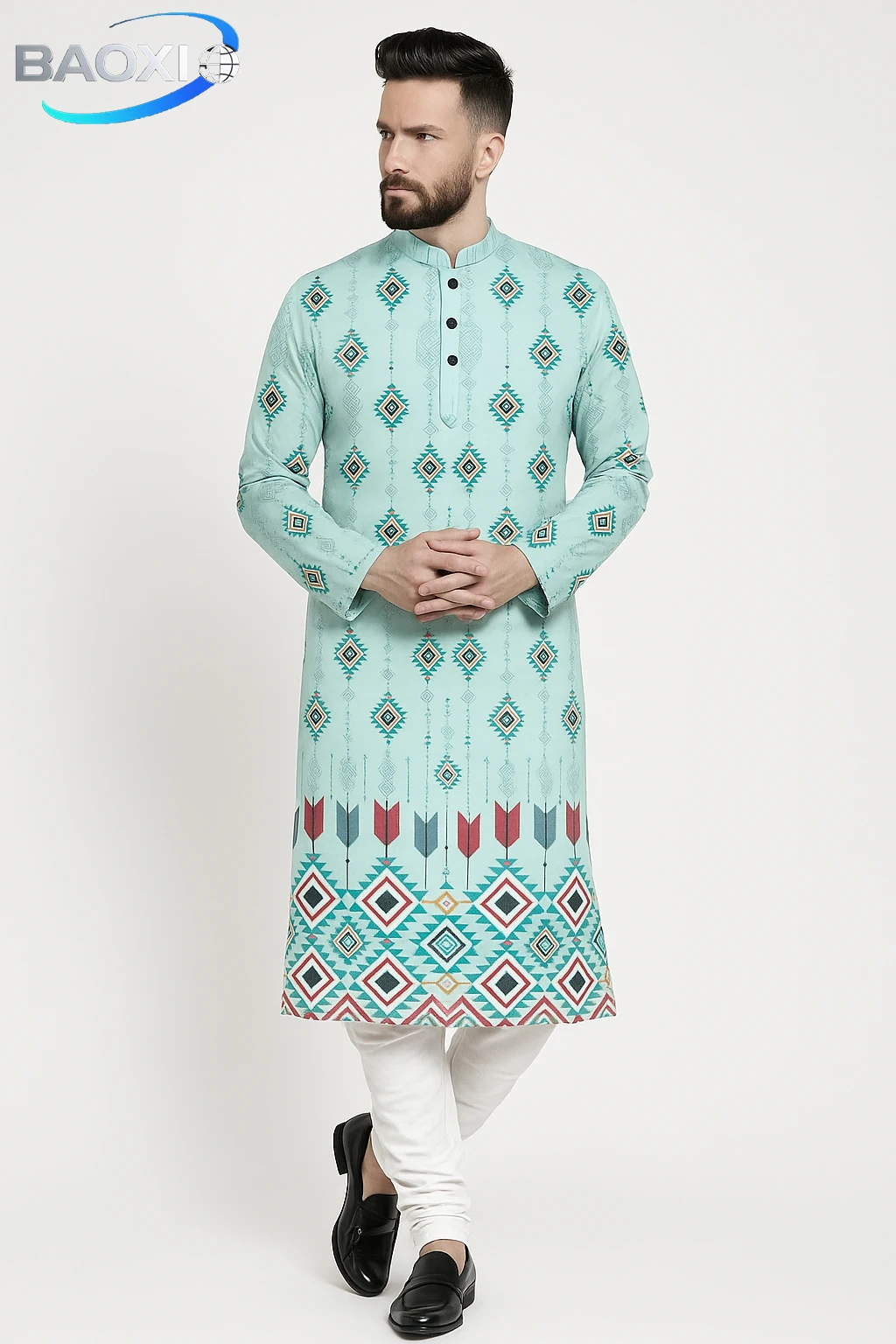 2026 abito lungo da uomo con colletto alla coreana stampato Kurta Gezha adatto a tutte le occasioni, come luoghi nuziali di fascia alta