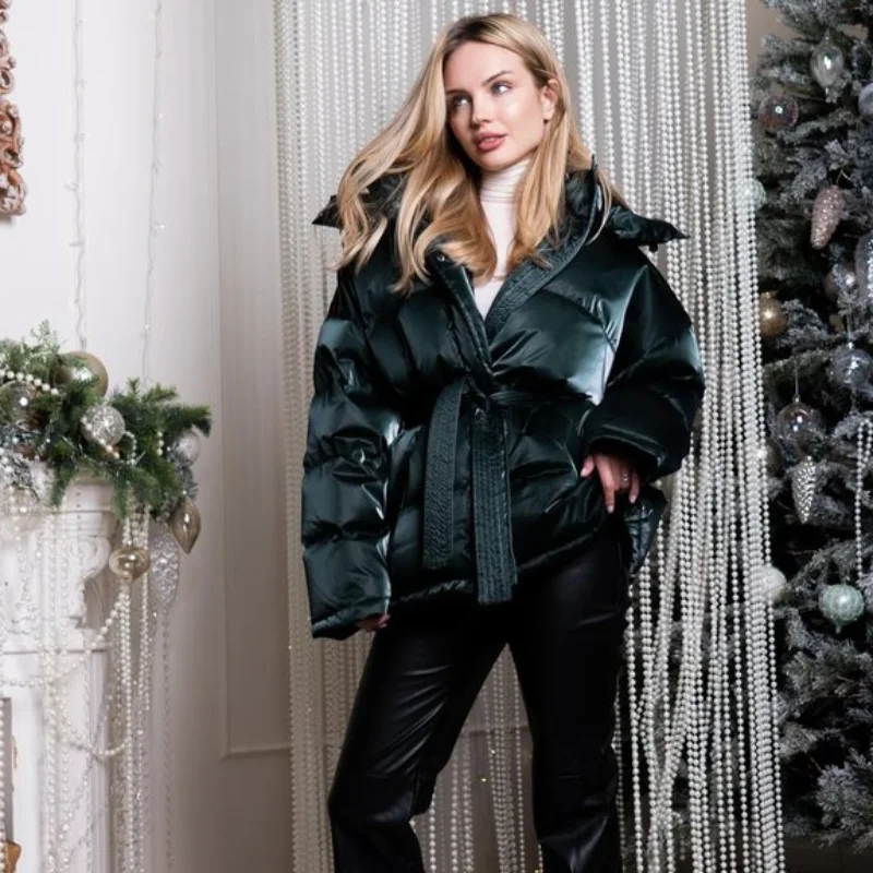 Chic Reflective Fabric Lace Up Hooded Cotton Jacket Women Stand Collar Full Sleeve Zipper Warm Overcoat 2026 Winter Lady Outwear