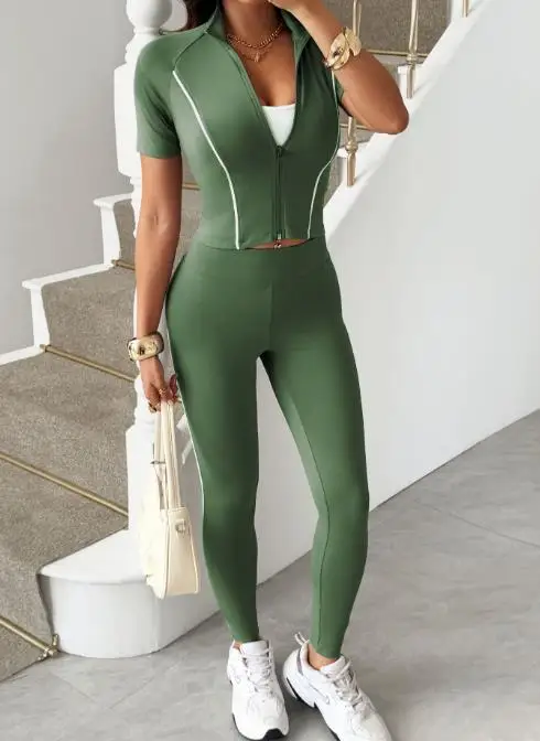 

New Fashionable Yoga Sports Style Women's 2-Piece Set with Striped Color Blocked Printed Short Sleeved Jacket Tight Pants Set