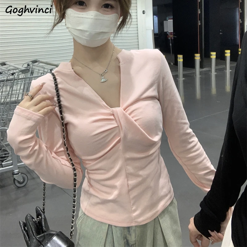 

Женские футболки с v-образным вырезом, дизайн со складками, Harajuku, милые сексуальные девушки, осенние базовые топы с внутренней стороны, универсальные, чистые, популярные, на каждый день, нежные