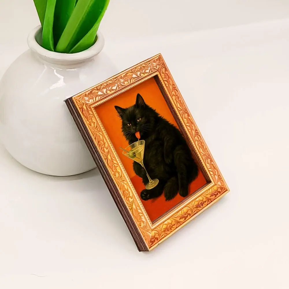 Lustiger Cocktail-Katzen-Kühlschrankmagnet, Retro Martini-Liebende Schwarze Katze Kunst, Holzgerahmter Magnet für Küche, Zuhause & Einzigartige Geschenke – Detail 6