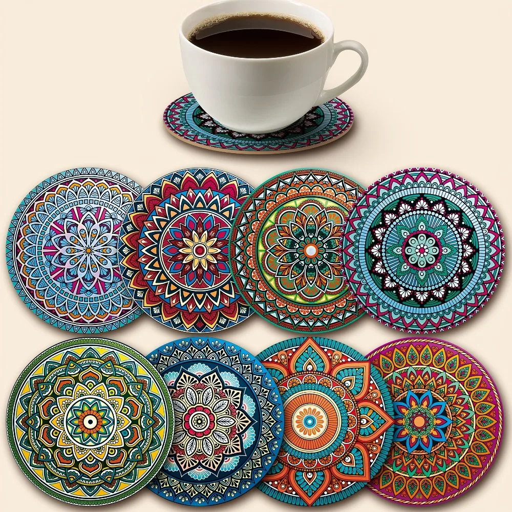 8pcs Wooden Mandala Coasters Set - Holiday/Party Essential for Bar, Office, Home Decor
