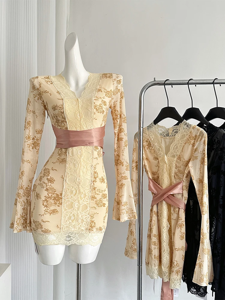 Women\'s Patchwork Bodycon Evening Dress Vintage Long Sleeve V-Neck Luxury  Mini Lace Dresses Y2k One Piece Frocks 2000s Clothes