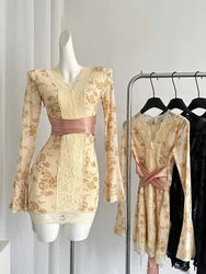 Women's Patchwork Bodycon Evening Dress Vintage Long Sleeve V-Neck Luxury Mini Lace Dresses Y2k One Piece Frocks 2000s Clothes