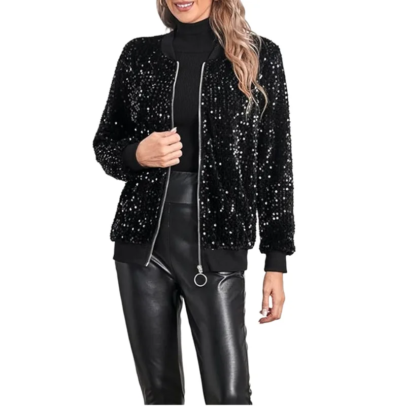 Veste de Baseball à Paillettes Brillantes pour Femme, Cardigan Chic à Col Rond, Manches sulf, Fermeture Éclair, Haut Décontracté, Polyvalent, Solide, Document, Mode de Rue