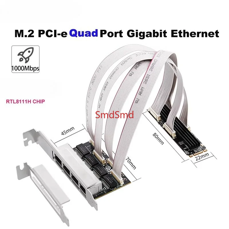 M.2 to Quad Gigabit Ethernet Adapter Card 4 Port RJ45 LAN Expansion, Realtek Chipset, M-Key & B-Key Compatible for Router, NAS