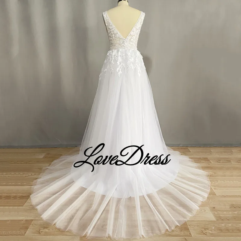 LoveDress-Boho profundo V-Neck Vestido de Noiva, Sem Mangas, Sem Costas, Renda, Apliques, Praia, A-Line, Vestido de Noiva, Sweep Train