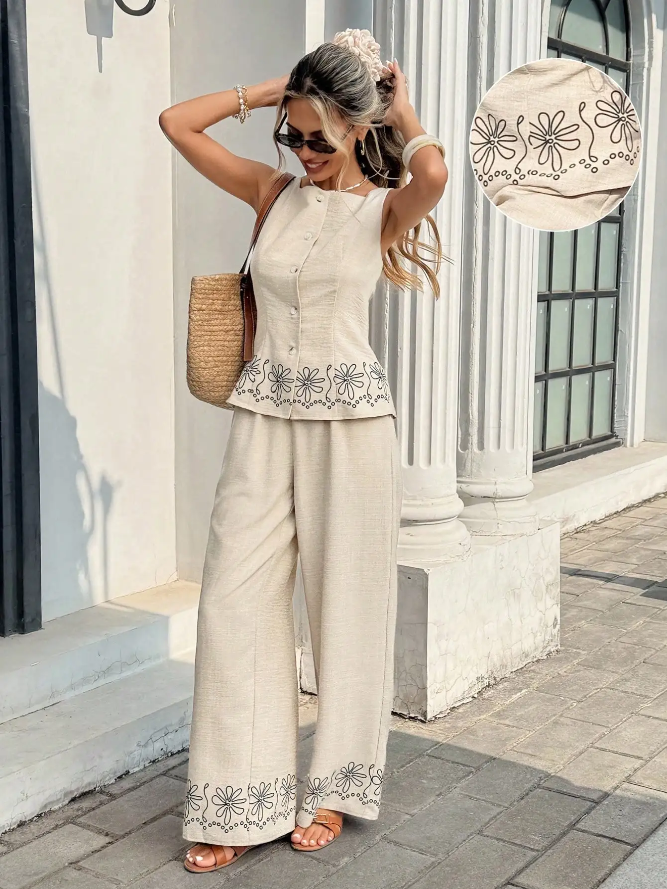 

Beige Floral Embroidery Sleeveless Vest And Wide Leg Pants Two Piece Set Casual Summer Outfit
