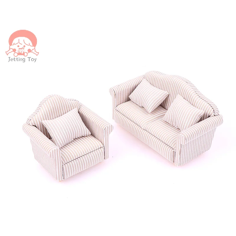 Mini Dollhouse Furniture Sofa with Pillow Set Simulation 1:12 Miniature Living Room Kids Pretend Play DIY Doll House Decor