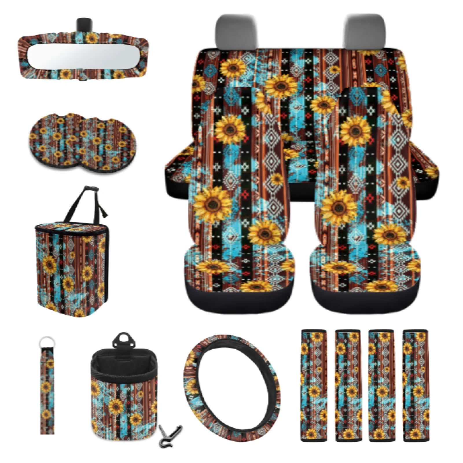 Coloranimal 15 Pcs Car Interior Full Set Seat Covers, Steering Wheel Cover, Seat Belt Pads, Cup Coasters, Garbage Bag