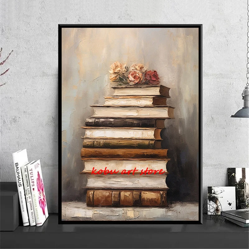 Vintage Stack of Books Flowers Still Life Posters and Prints Canvas Paintings Wall Art Picture for Library Study Room Decor