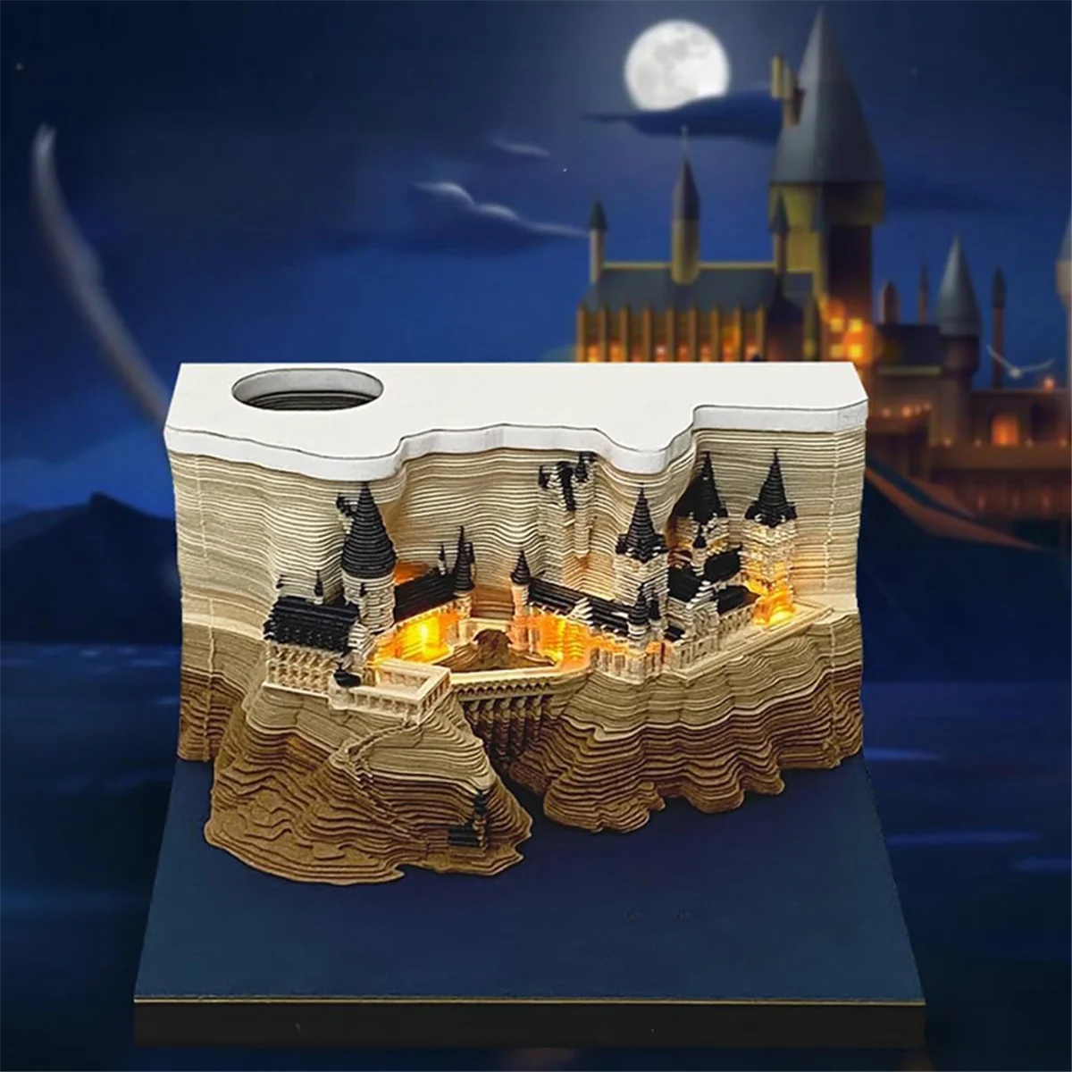 Time Piece Calendar, 2025 Desk Calendar Memo Pad, 3D Magic Castle Time Piece Notepad with Lights