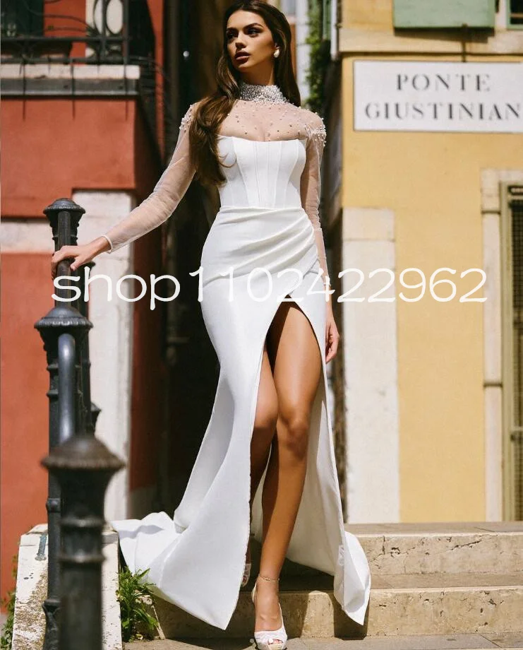 Illusion Long Sleeve Garden Wedding Dresses 2025 High Neck Pearls Sexy Slit Mermaid Bridal Gown Outfit Customsized