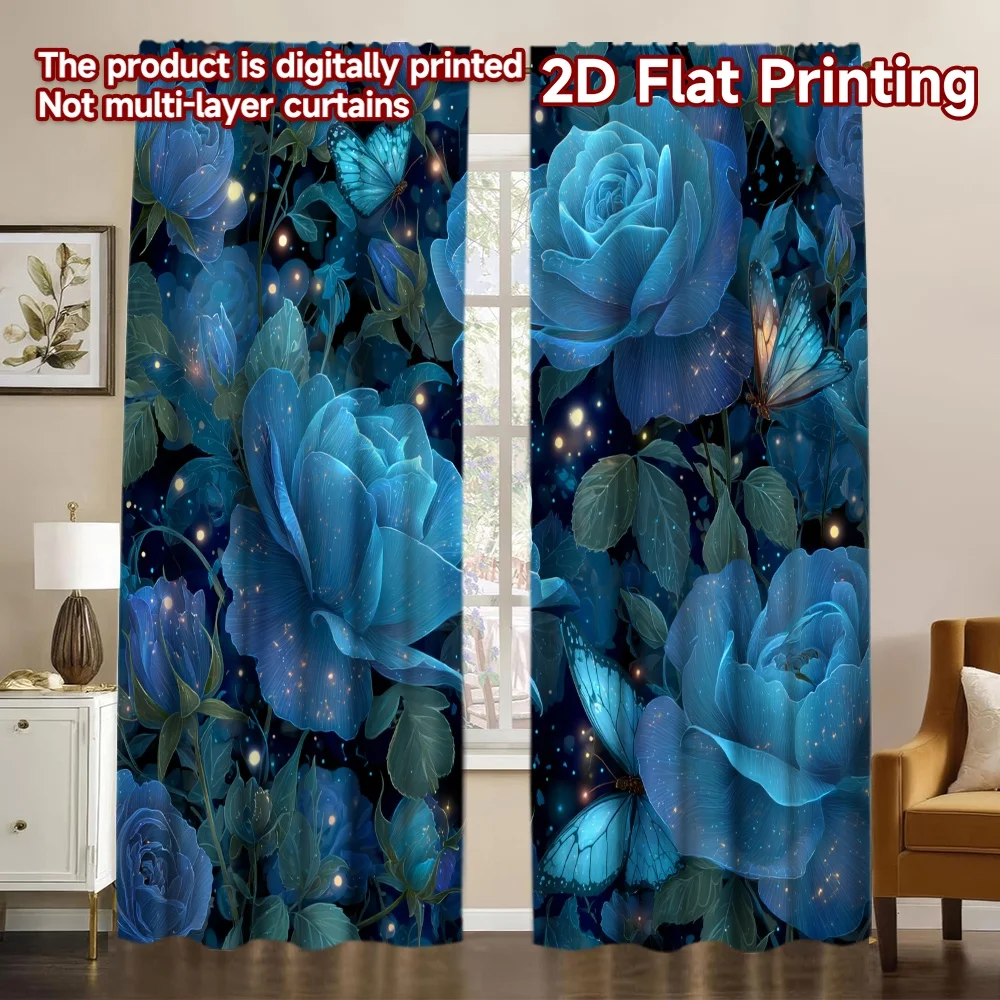 2D FLAT PRINTING 2pcs Curtains (Without Rod) Blue Roses and Butterflies Fashionable Modern Curtains Yarn Curtains Gifts Suitable