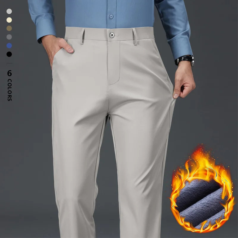 

Брендовая одежда, зимние теплые флисовые утепленные костюмные брюки, мужские деловые свободные прямые рабочие флокированные плюшевые официальные брюки размера плюс