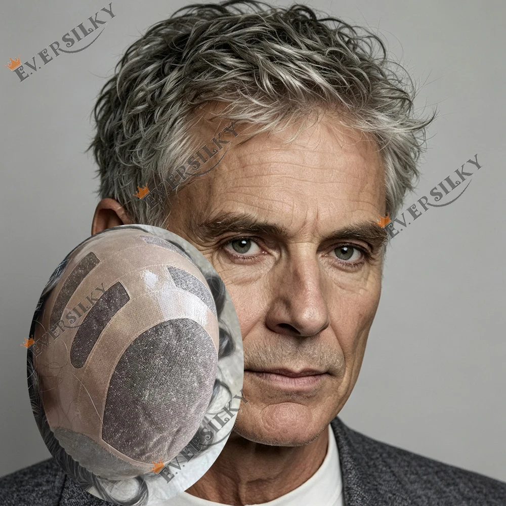Band Style #565 Grey Human Hair Mens Toupee Fine Mono and Thin Skin Hair Replacement System Breathable Toupee Durable Hairpiece
