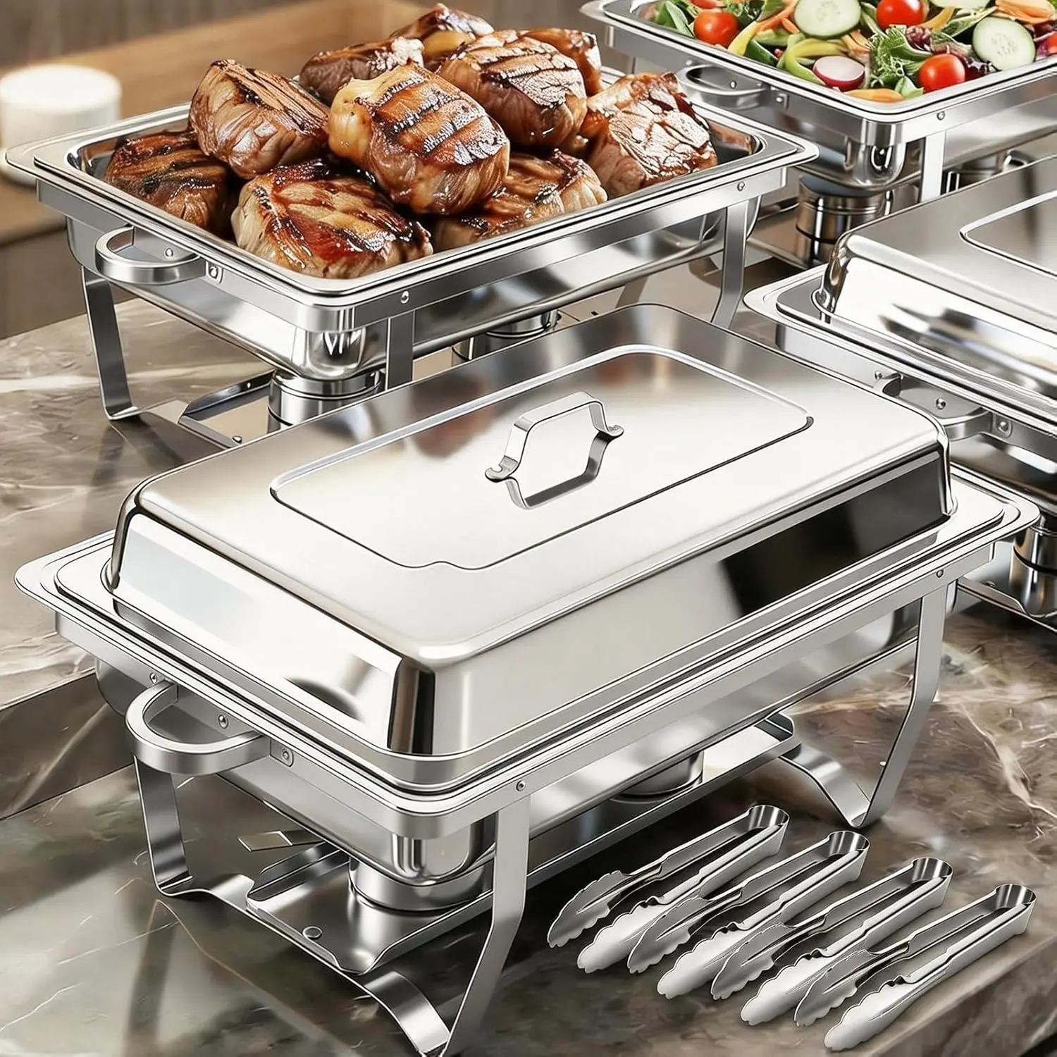 

Chafing Dishes for Buffet Set: 100% Pre-Installed Chafers for Catering - Round Chafing Dish Buffet Set with Lids | Chafers and B