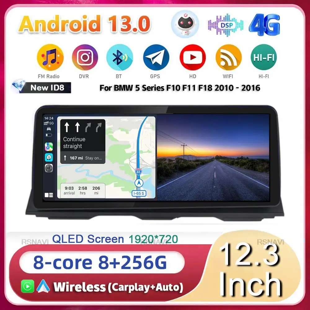 

12,3 "ID8 Android13 для BMW 5 серии F10 F11 2010 2011-2016 CIC NBT система 8-ядерный автомобильный радиоприемник GPS мультимедийный плеер стерео аудио