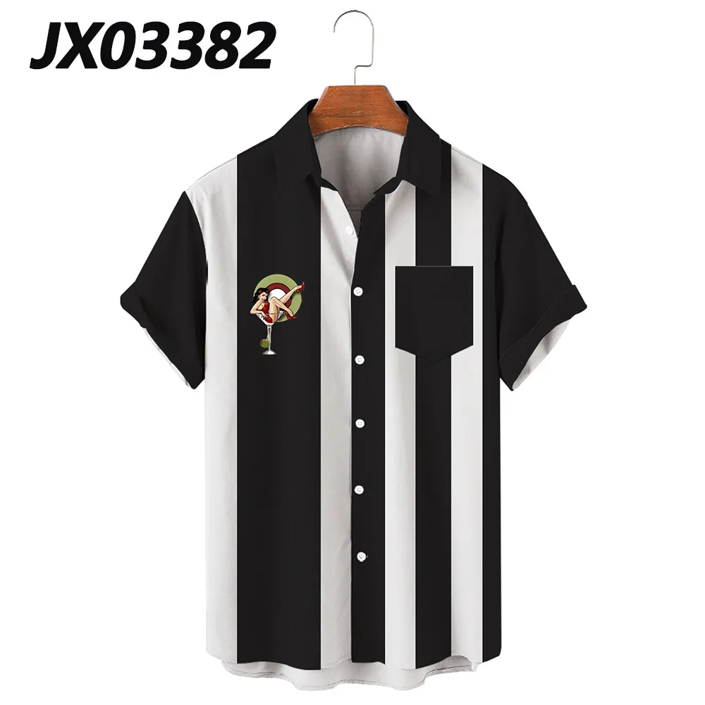 

Hot Sale Men's Shirts Blackjack Girl Vintage Black And White Stripes Pocket Clothing Tops Oversize Summer Casual